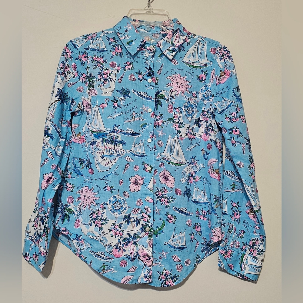 Lilly Pulitzer Blue and Pink Florida Top. Linen. Women's XXS